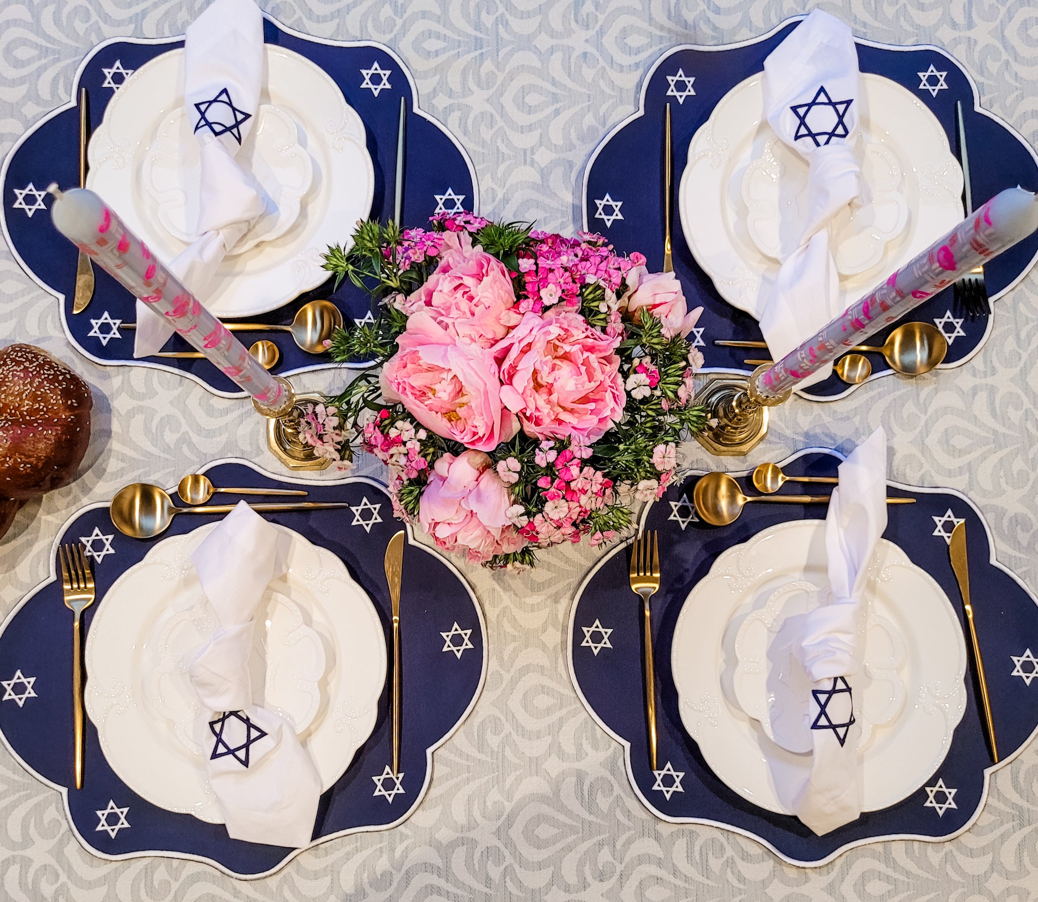 Deborah Collection - Stars of David Embroidered Placemats & Napkin Sets (4 placemats, 4 napkins)